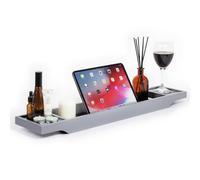 woodluv Slimline Bamboo Bathtub Caddy Tray Bridge Wooden Bath Rack Bathroom Accessory Bath Shelf Over Tub Bathroom Board Storage Shelf Tidy Relax Organiser, 70 x 14.5 x 7.5 cm - Grey