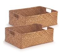 Woodluv Storage Basket Set of 2, Basket for Shelves, Rectangular Hand Woven Storage Wardrobe Organiser, Hamper Baskets, Brown