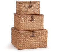 Woodluv Storage Basket Set of 3, Storage Box Nested Hand-Woven Storage Basket, Stackable Wardrobe Organiser, Hamper Baskets, Brown
