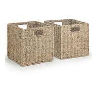 Woodluv Storage Box Set of 2, Storage Baskets for Shelves, Storage Box Cube Organiser With Inserted Handle, Seagrass
