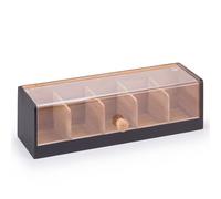 Woodluv Tea Storage Organizer with 5 Compartments, Premium Multi Purpose Display Case, Storage for Assorted Teas, Lidded Countertop Holder, Stylish Chai Container with Lid for Kitchen - Black