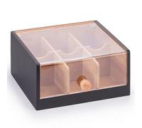 Woodluv Tea Storage Organizer with 6 Compartments, Premium Multi Purpose Display Case, Storage for Assorted Teas, Lidded Countertop Holder, Stylish Chai Container with Lid for Kitchen - Black