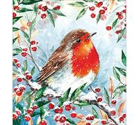 Woodmansterne Artistic Charity Christmas Cards - Robin on Snowy Berry Branch - Eco-Friendly & Recyclable - Pack of 5 Cards