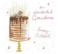 Woodmansterne Artistic Female Relation 'Happy Birthday Grandma' Greeting Card - Eco Friendly - From The Pink Range - With A Gold Foil Finish - Cherry Birthday Cake Illustration - For Her