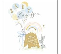 Woodmansterne Artistic 'New Baby Grandson' Card - Rabbit & Rainbow - From The Quill & Ink Range - Embossed With Gold Foil Details