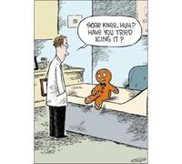 Woodmansterne Birthday/Blank Funny Card for Men/Women - General Humour Male/Female Card - Gingerbread Man at Doctors Cartoon Sketch - Eco-Friendly & Recyclable - Printed in the UK