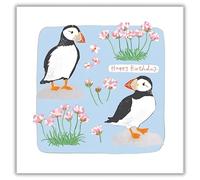 Woodmansterne Birthday Card for Women - Artistic RSPB Puffins and Floral Design - Foil Finish - Happy Birthday Card for Her