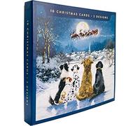 Woodmansterne Box of 10 Artistic Christmas Cards - Dogs, Santa & Sleigh - 'Christmas Magic' by Richard Macneil - With a Gold Foil Finish