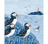 Woodmansterne Charity Christmas Cards - Pack of 5 Premium Christmas Greeting Cards with Envelopes - Festive Puffins in the Snow - Supporting UK Charities