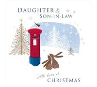 Woodmansterne Christmas Card for Daughter and Son in Law - Hares and Post Box in the Snow - Embossed Foil Finish - Festive Christmas Greeting Card for a Special Couple