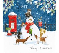 Woodmansterne Christmas Card for Son - Jolly Snowman and Dogs Design - Festive Christmas Greeting Card for Him