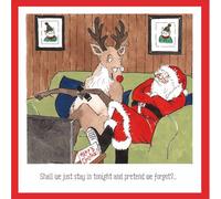 Woodmansterne Funny Christmas Card - Amusing Santa and Rudolph on the Sofa Design - Festive Christmas Greeting Card for Family or Friends