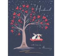 Woodmansterne Husband Anniversary Card - Illustrated Bunnies in a Tree - Night S