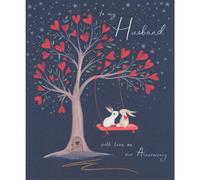 Woodmansterne Husband Anniversary Card - Illustrated Bunnies in a Tree - Night Sky with Love