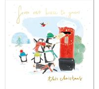 Woodmansterne Our House to Yours Christmas Card - Penguins and Post Box Design - Foil Finish - Festive Christmas Greeting Card for Family or Friends