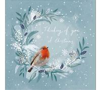 Woodmansterne Thinking of You Christmas Card - Robin and Winter Wreath - Thoughtful Christmas Greeting Card