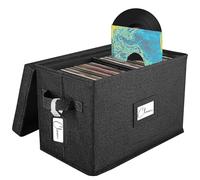 Woodoulogy Vinyl Record Storage Box for 7"/45 RPM LPs, Black Case with Lid Holds up to 80 Albums, CD Crate Play Music Collection Holder, Collapsible File Folder Cabinet Organizer with Handle