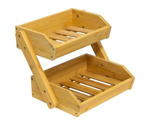 Woodside 2-Tier Bamboo Fruit & Vegetable Rack Holder, Decorative Produce Organiser for Kitchen/Shop Counter/Market Stall, Wooden Bread Storage Stand