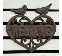 Woodside Cast Iron Heart Shape Wall Mounted Welcome Sign for Garden & Home, Decorative Bird Design, Indoor/Outdoor