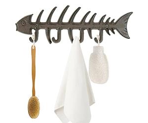 Woodside Decorative Fish Bones Wall Mounted Towel Rack, Cast Iron Rustic Coat Hanger, Fixings Included, Rustic Dark Brown Finish
