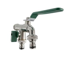 Woodside Premium Brass Nickelplated ½” Double Outlet Garden Tap, 2 x Hose Connectors (3/4”)