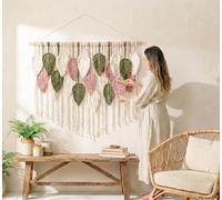 WOODSTICK Large Macrame Wall Hanging - Boho Wall Decor in Beige, Old Pink & Green - Chic Woven Leaf Leaves Bohemian Hangings, Handmade Cotton Fiber Art, Macrame Wall Décor, Bedroom Tapestry (39"W x
