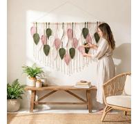 WOODSTICK Large Macrame Wall Hanging Tapestry 52" W x 31" L Boho Wall Decor Beige Antique Pink Green Boho Tapestry Hand Woven Cotton Fiber Tapestry Home Decor