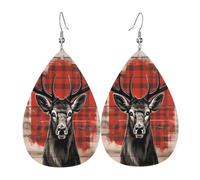 Woodsy Art Plaid Stag Print Leather Earrings for Women