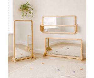 Woodtoe 4-in-1 Montessori Mirror with Bar, Adjust Tummy Time Floor Mirror | Baby Pull to Stand Toy, Natural Unpainted Solid Wood Frame, Baby Pull Up Bar, Developmental Toys for Nursery (Large Size)