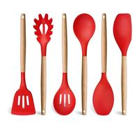 WOODTULA Wooden spaghetti Server - serving Spatula Set - Nonstick Kitchen Cooking Tool - Silicone Kitchen Utensils Set (Red)