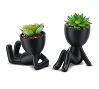 WOODWORD Fake Succulent, Mini Succulents Plants Artificial in Black Modern Human Shaped Ceramic Pots Desk Decor Desk Plant for Office Decor for Women, Cute Fake Plants Bathroom Decor 2PCS
