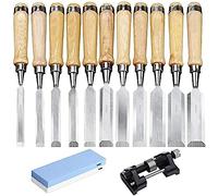 Woodworking Carving Set - 11-Piece Kit with Chrome Vanadium Steel Tools, Solid Wood Handle, Honing Guide and Stone for Carpentry and Woodworking