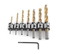 Woodworking Countersink Drill Bit Set, Titanium Coated HSS Reamer Chamfer Bit (7-Piece (3-10mm) + Small Wrench + Bubble Bag)