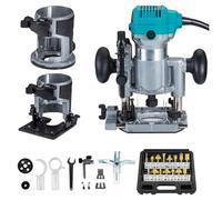 Woodworking Router with Trimmer Base, Tilt Base & Plunge Base - Compact Palm Router Multifunctional Kit + 15pcs 1/4" Router Bits, Electric Hand Laminate Trimmer Set Wood Routing Trimming