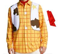 Woody Shirt Costume Men's Plaid Button Long Sleeve Printed Vest Pattern Sheriff Halloween Cosplay Funny Cow Shirts, Orange, XL