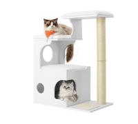 WoodyWonders Cat Tree, 86 cm Modern Cat Tower with Cat Cave, 3 Perches, Scratching Post and Mat, Removable Washable Plush Cushions, Cloud White