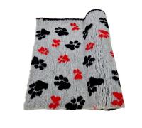 Woof And Pup NON SLIP VET BEDDING, Grey with Red & Black Paws Print, Dog Bedding, Dogs, Puppies, Cats, Whelping Box, Non-Slip Ribbed Vet Bed Roll, Fleece (Small 50cm x 75cm)