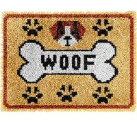 Woof Dog Bone Latch Hook Kits for Adults Kids Beginners Cute Letters Latch Hook Rug Kit Pre-Printed Hook and Latch Carpet Making Kits Cross-Stitch DIY Wall Hanging Crochet Set 20x15 in.