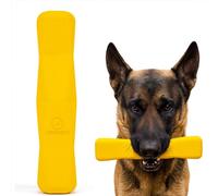 WoofBite Indestructible Chew Stick - Lifetime Replacement - Aggressive Chewers, Medium Large Breed - Non-Toxic Natural Rubber Dog Toys - Yellow (Highly Visible Color for Dogs) - Tug & Fetch - 8x1.75