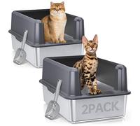 WoofiGo 2PACK Stainless Steel Cat Litter Box with Lid, XL Metal Litter Box for Big Cats, Extra Large Litter Box with High Sides, Never Absorbs Odors, Non-Sticky, Easy Clean, Anti-Urine Leakage (Gray)