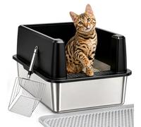 WoofiGo Stainless Steel Cat Litter Box with Lid, XL Extra Large Metal Kitty Litter Box Enclosed for Big Cats, High Sided, Anti-Urine Leakage, Non-Stick Bottom, Include Litter Mat & Metal Scoop (Black)