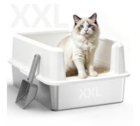 WoofiGo Stainless Steel Cat Litter Box with Lid, XXL Large Metal Kitty Litter Box Enclosed for Big Cats, High Sided, Anti-Urine Leakage, Non-Stick Bottom, Include Scoop (White)