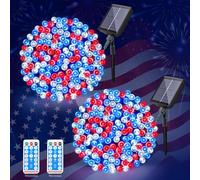 woohaha Red White and Blue Solar Lights,2 Pack Each 200LED Patriotic Solar String Lights for Outside,72FT Waterproof 4th of July Light for Independence Day,Garden,Tree,Fourth of July Decorations