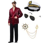 WooHand Halloween Red Silky Robe Jacket Men's Captain Costume Set Pajama Pants Outfits Captain Hat Sunglasses Accessories