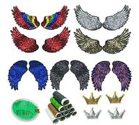 Woohome 10 Pack Sequin Wings Set Iron on Patches, 7 Pair Sequins Angel Wings and 2 PCS Crown Appliques Stickers Embroidered Bling for Jackets Cloth DIY Decoration Accessory Gifts