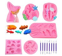 Woohome 12 PCS Seashell Fondant Silicone Mold Sea Creatures Silicone Cake Molds Silicone Fondant Baking Molds Includes Sartfish , Conch, Mermaid Tail Mold, Seashell Mold for Birthday Christmas