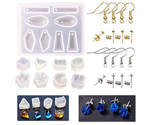 Woohome 36 PCS Stud Earring Mold Tool Included 9 PCS Silicone Resin Mould, 20 PCS Stud Earring and 8 PCS Ear Hook, Jewelry Casting Moulds Clear Tiny Ear for DIY Jewelry Craft Making