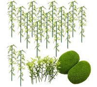 Woohome Model Bamboo Trees, 30 PCS Miniature Bamboo Trees Landscape Green Plastic Bamboo Trees and 2 PCS Artificial Moss Rocks Fake Moss Rocks for Home Decoration, Fairy Gardens