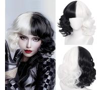 woojfcang Cruella Wigs,Half Black and White Wigs for Women Ladies,Synthetic Short Bob Wavy Curly Wig with Bangs,Halloween Fancy Dress Accessories Cosplay Party Cruella Deville Costume Adult