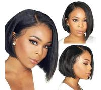woojfcang Short Black Wigs for Women, Black Bob Wig No Fringe,14 Inch Side Part Glueless Wig, Ladies Natural Looking Straight Synthetic Hair Wigs for Daily Fancy Dress Accessory Cosplay Party Use
